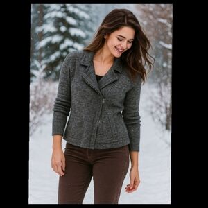 Alpaca Wool Blend Asymmetrical Zip Moto Cropped Sweater Marled Size Small▪